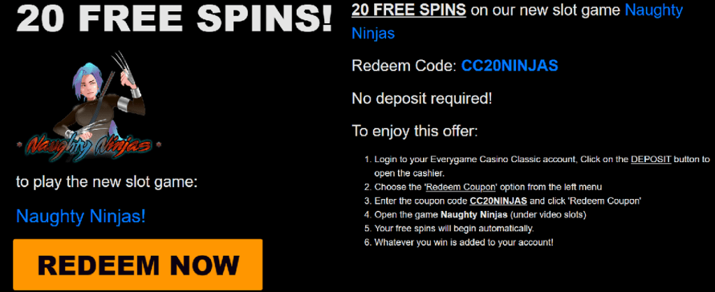 20 Free Spins Naught Ninjas @ Everygame Casino