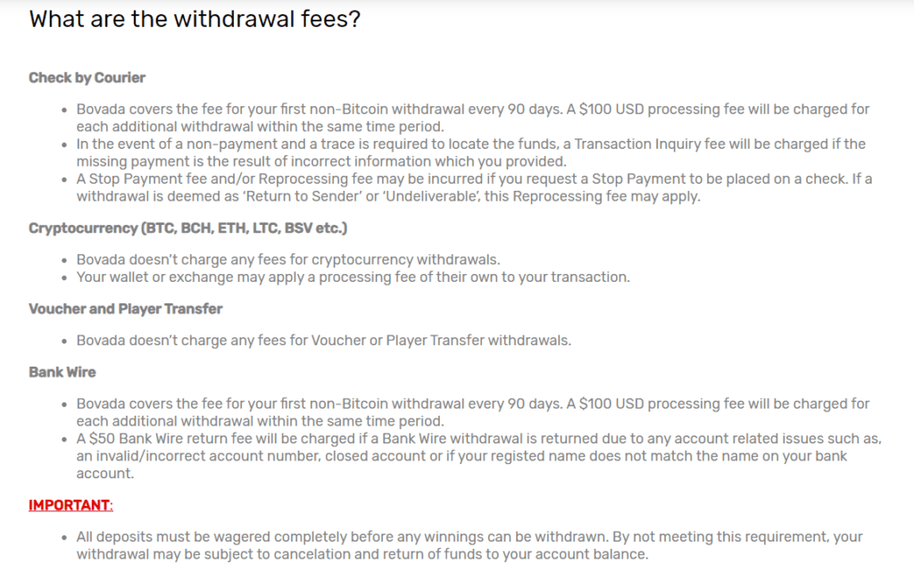 Bovada Casino Withdrawal Fees