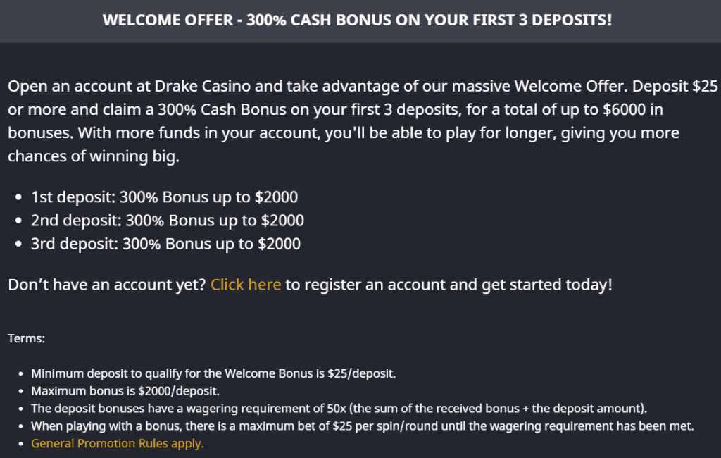 Drake Casino Review - Welcome Bonus